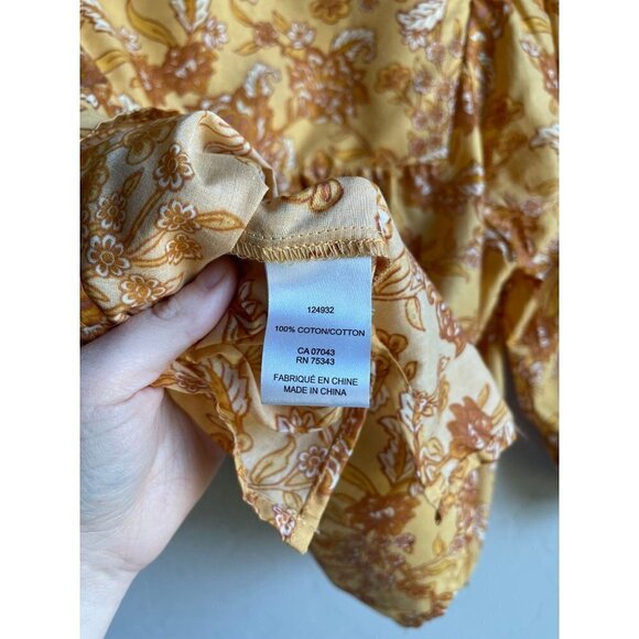 C&C California Mustard Yellow Floral 100% Cotton Peasant Top Tie Neck Size Large - Picture 12 of 12